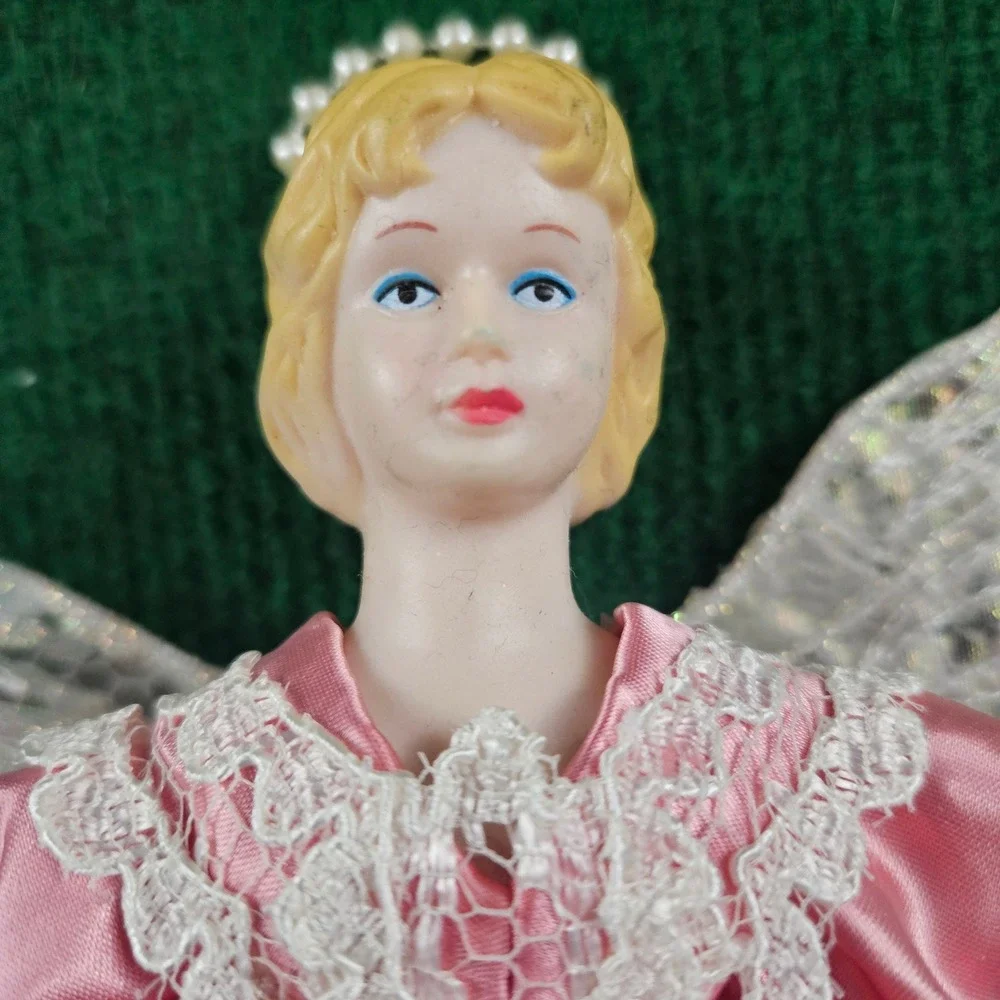 Pink Angel Doll Porcelain‎ Head Lace Wings Christmas Ornament Tree Topper